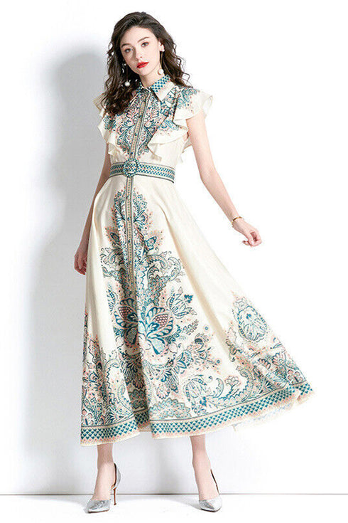 Designer Elegant Paisley Pattern Lantern Sleeves, Stand Collar, Belted Vintage A-Line Party, Wedding Guest Maxi Dress - Turquoise